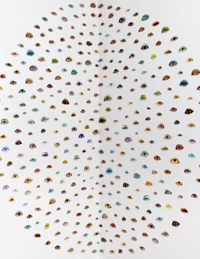 Esperanza Cortés; OJO II; 2017; Installation of 500 handprinted eye portraits, watercolor and gouache on paper, 130” diameter. Ojo II explores the human response to political, economic, natural disasters and human rights abuses. There are those who watch and those who are watched.