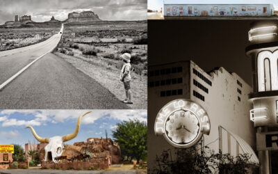 Clockwise from top right: Steve Fitch: Mural in Dimmit, Texas, 2012; Steve Fitch: Motel, Highway 66,Elk City, OK, 1973; Joan Myers: Amado, TX, 2016; Joan Myers: Monument Valley, UT, 2021