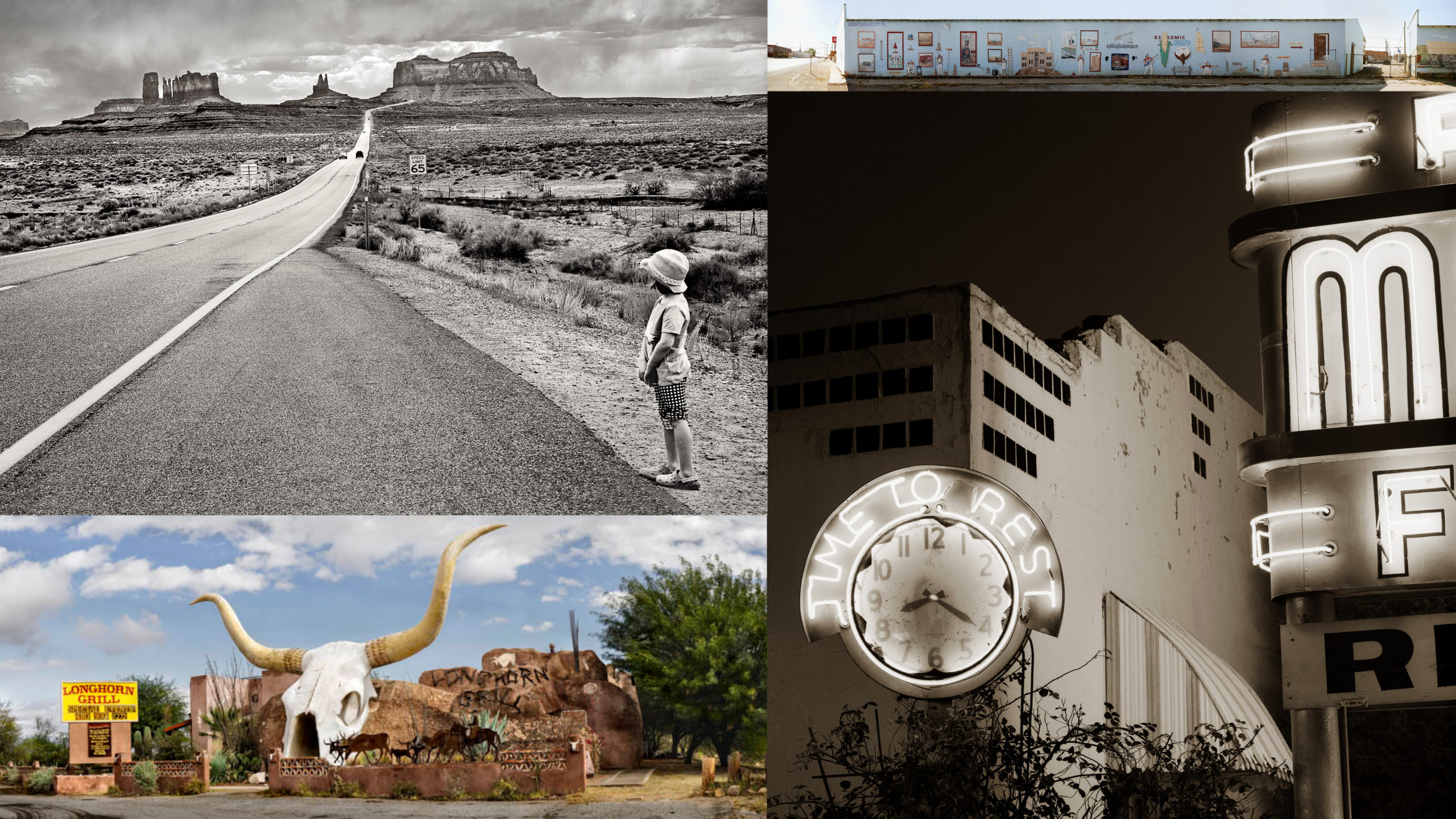 Clockwise from top right: Steve Fitch: Mural in Dimmit, Texas, 2012; Steve Fitch: Motel, Highway 66,Elk City, OK, 1973; Joan Myers: Amado, TX, 2016; Joan Myers: Monument Valley, UT, 2021