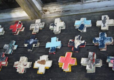 Bob Ray, A growing collection of hand-made crosses form found materials, 2015-16