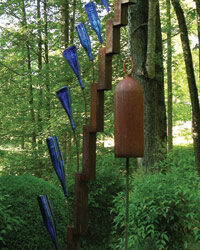 Caron Baker Wike, Blue Bottle Bell, 2008. Steel, glass, wood, copper and leather. Image courtesy of the artist and the Brush and Palette Art Club.