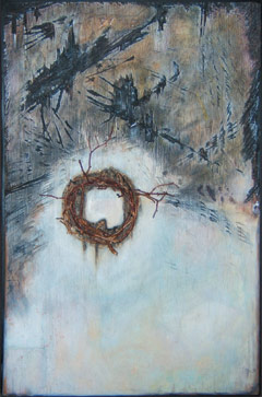 Through the Scorn by Aaron Smith (2005). Wood, acrylic, and mixed media.