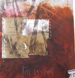 Not My Cup of Tea by Nathan Sander (2004). Mixed media (vitreography, etching, found material, and burlap). Image courtesy of the artist.