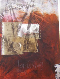 Not My Cup of Tea by Nathan Sander (2004). Mixed media (vitreography, etching, found material, and burlap). Image courtesy of the artist.