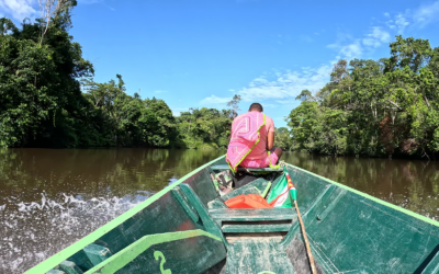 Image of back of man in colorful outfit on a green boat in the Amazon