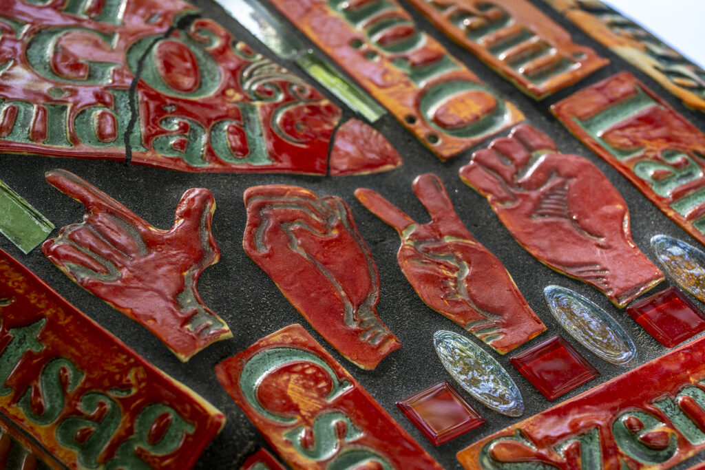 Detailed shot of a mosaic sculpture.
