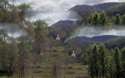 Multilayer image of mountains with church and clouds